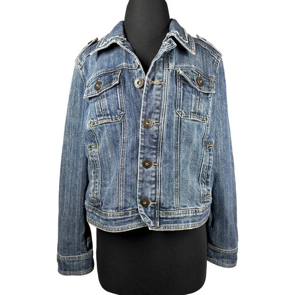 Baccini Denim Jean Jacket Women's Metal Buttons Tab Shoulders Pockets Size L - Picture 1 of 11